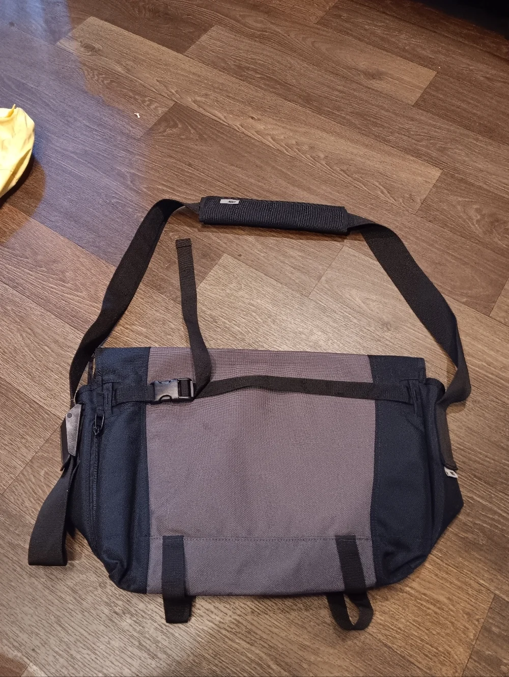 Nike Men's Black and Gray Messenger Bag with Buckle Closure